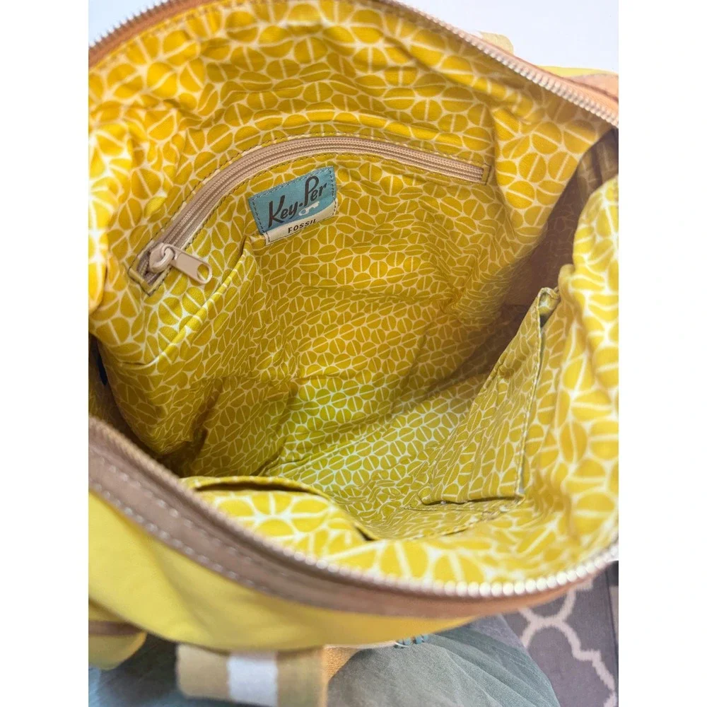 Fossil Key Per Duffle Satchel Yellow Nylon Leather Trim Crossbody Bag